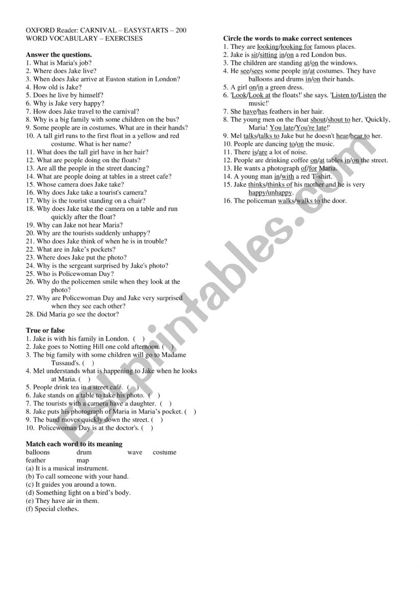OXFORD Reader: CARNIVAL  EASYSTARTS  200 WORD VOCABULARY  EXERCISES