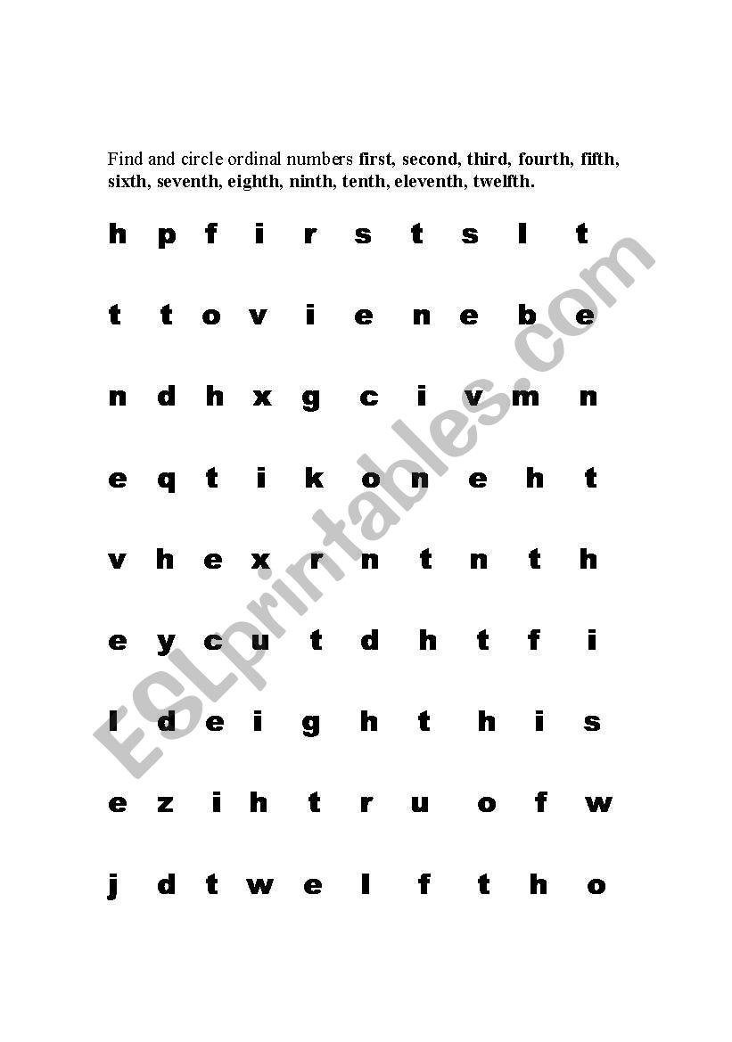 Ordinal Numbers Wordsearch worksheet