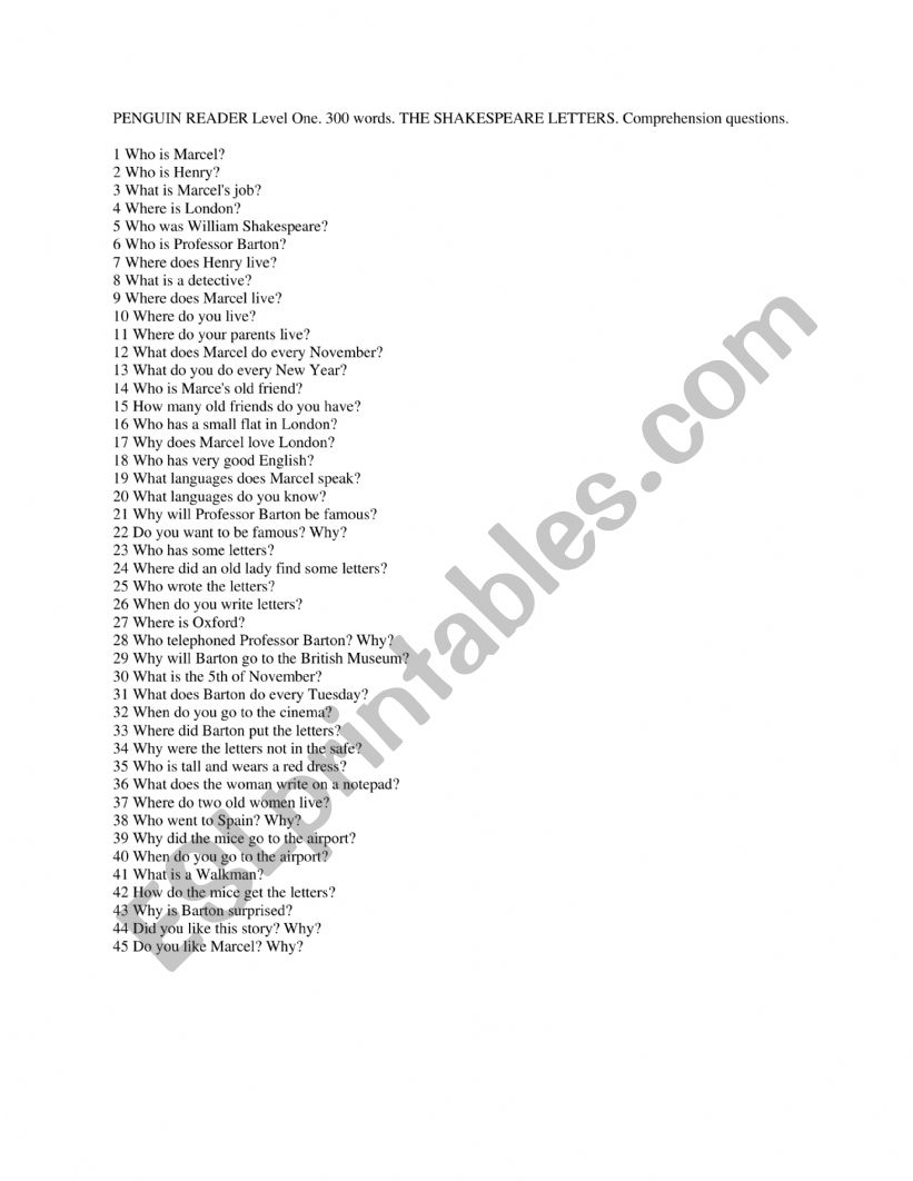 PENGUIN READER Level One. 300 words. THE SHAKESPEARE LETTERS. Comprehension questions. 