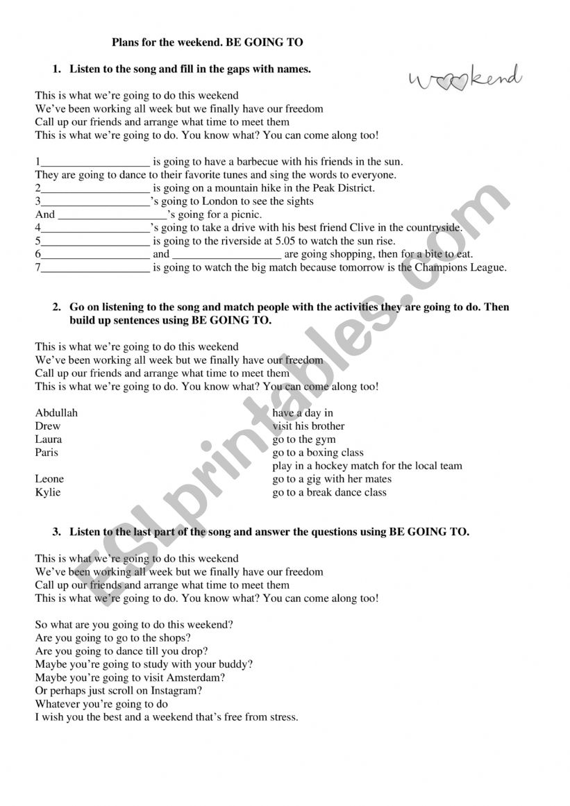 Plans for the Weekend worksheet