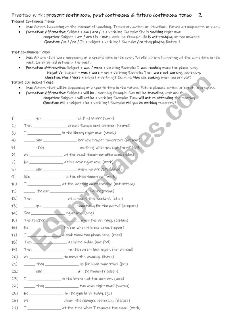 A1+-A2 Practise with present continuous, past continuous & future continuous tense 2 A1+-A2 Practise with present continuous, past continuous & future continuous tense 2