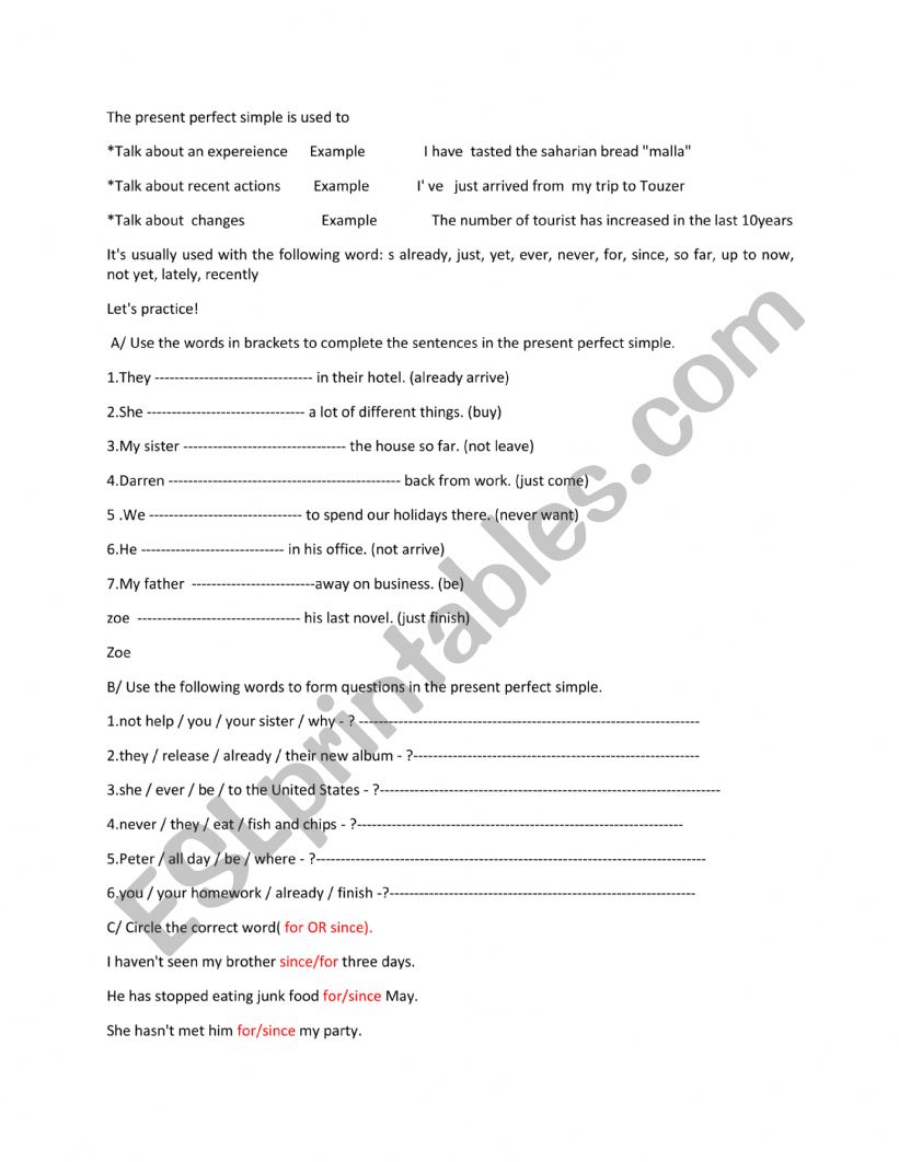 present perfect worksheet