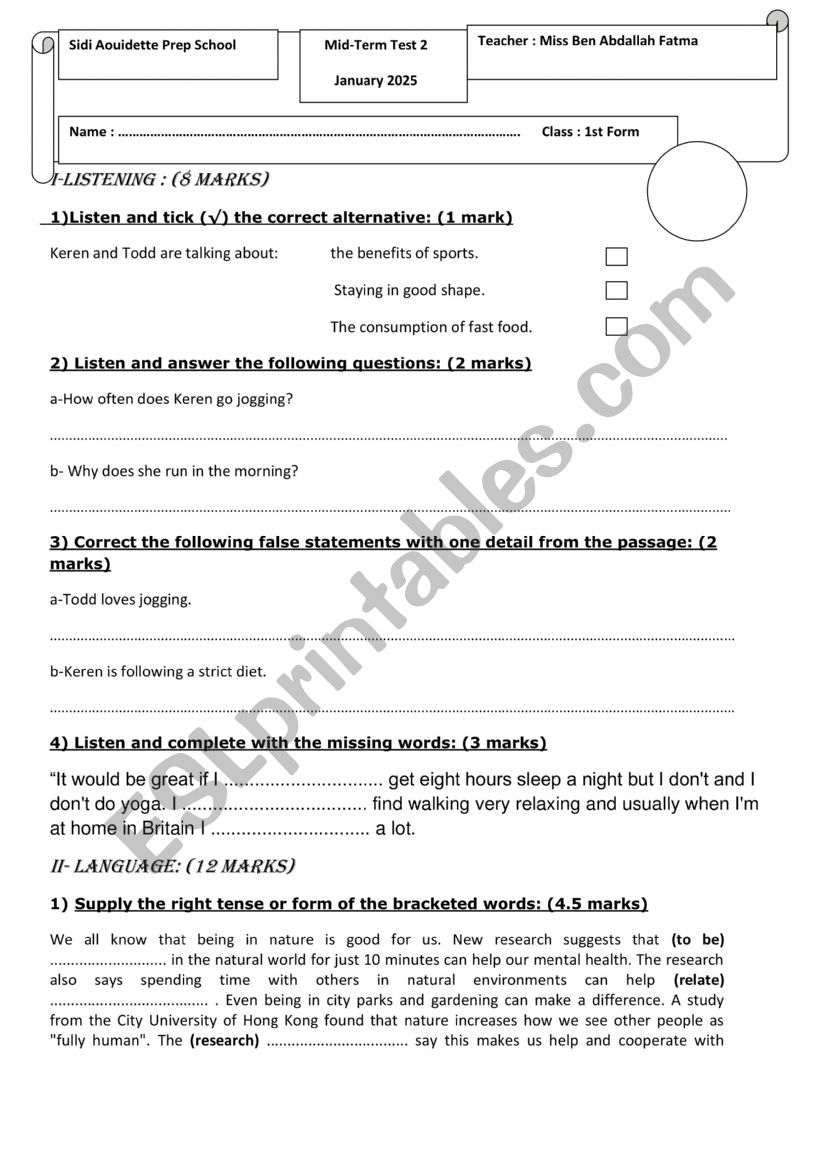 mid term test 2  worksheet