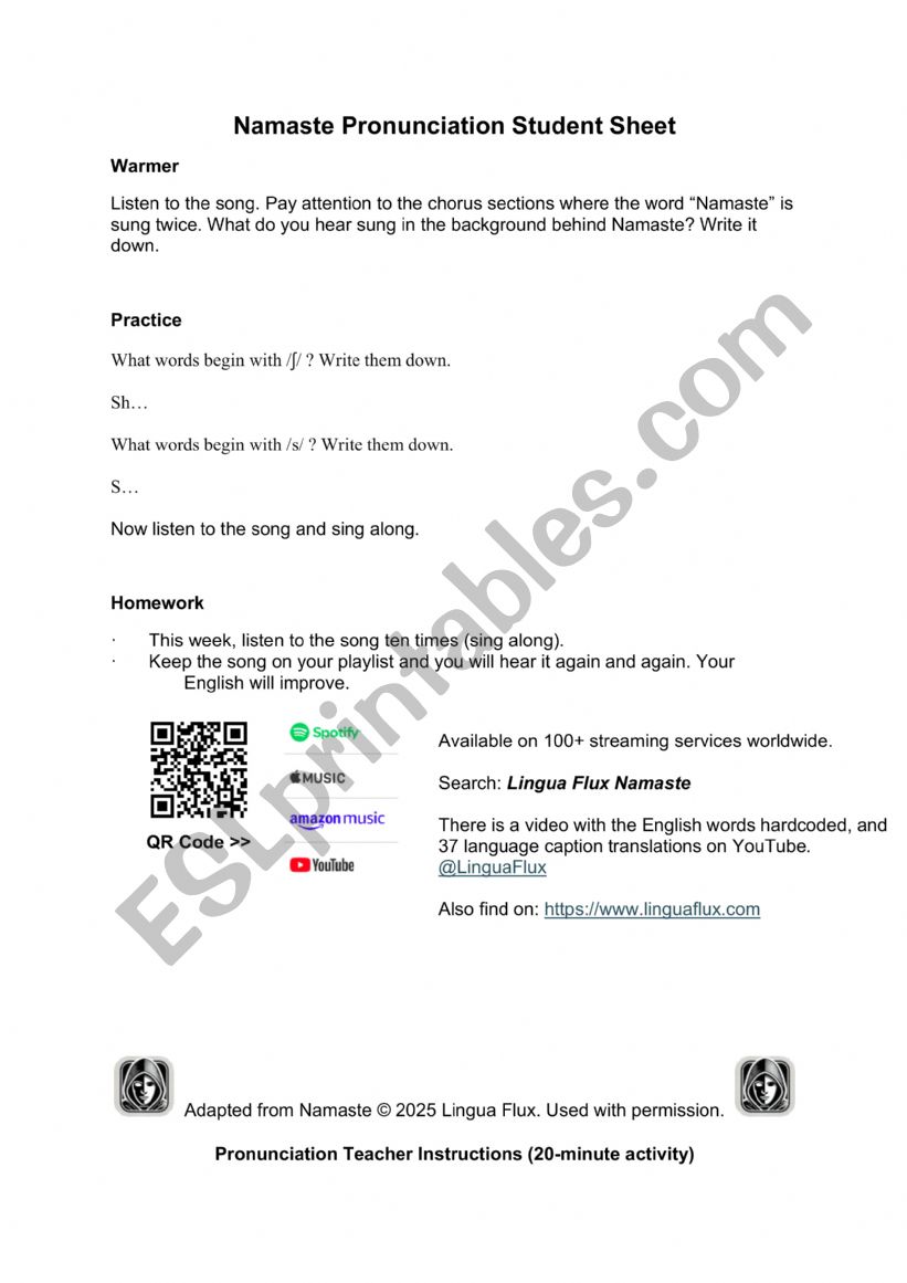 /ʃ/ & /s/ Pronunciation Namaste Song Activity