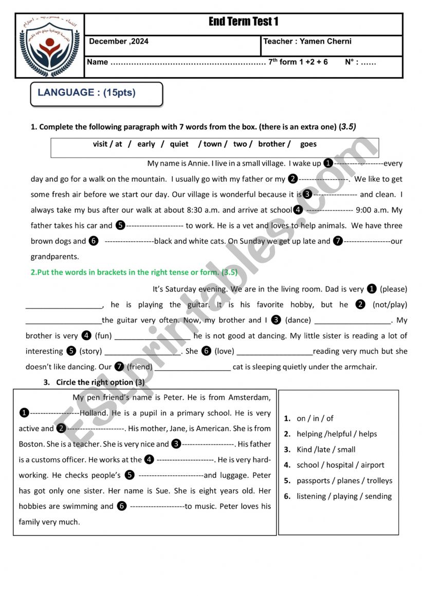 end term test  worksheet