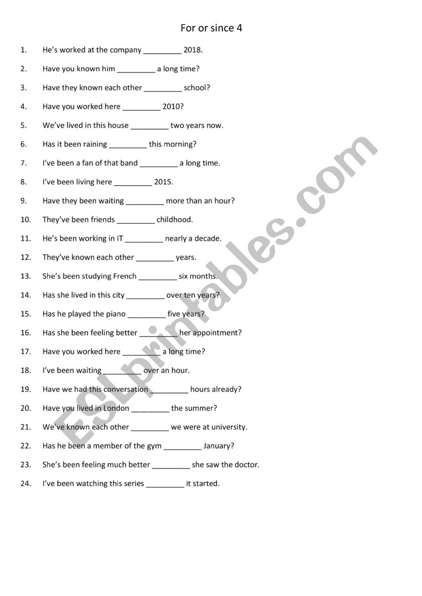 For or since 4 worksheet