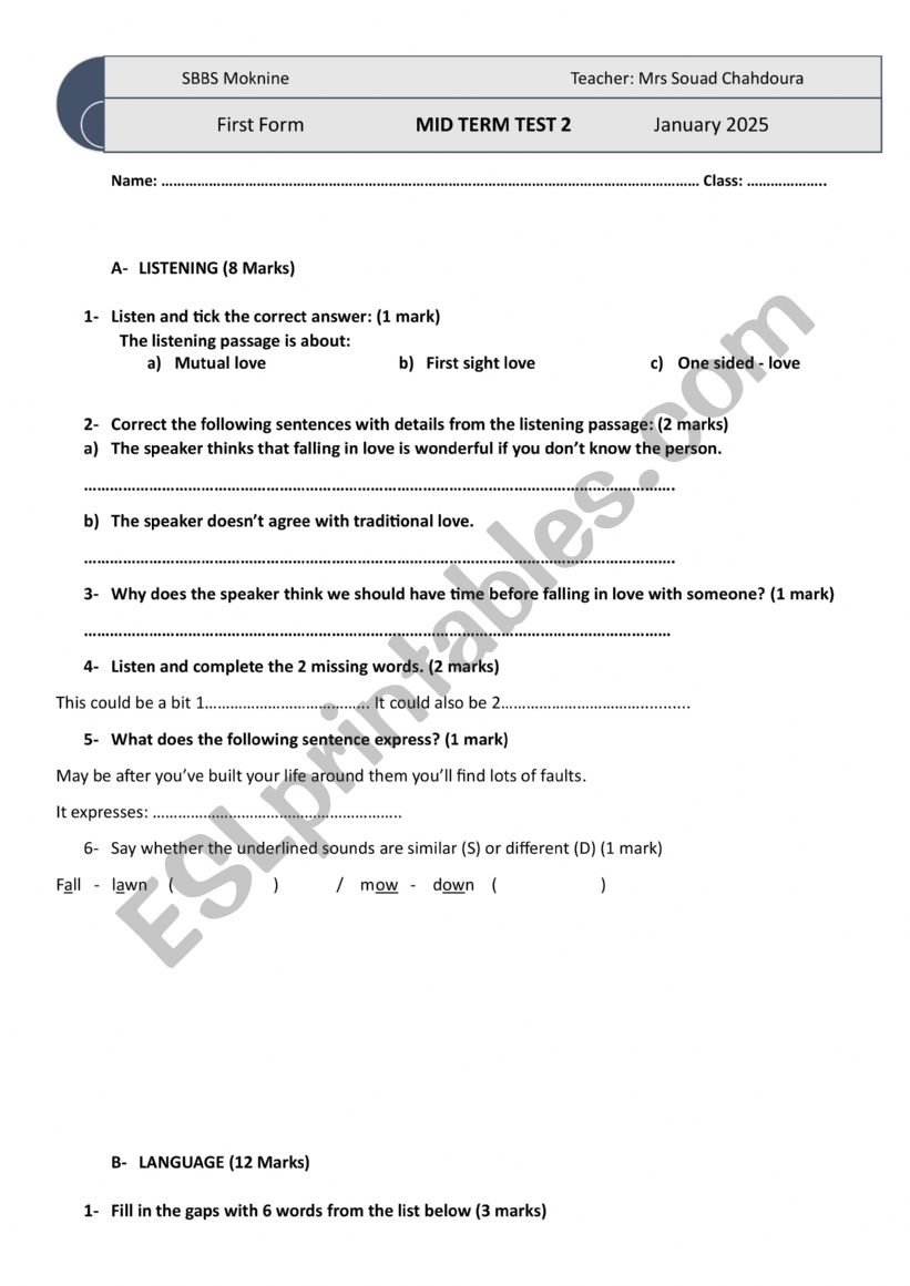 MID TERM 2 TEST 1ST FORM SECONDARY EDUCATION TUNISIA