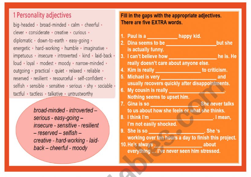 Personality adjectives worksheet