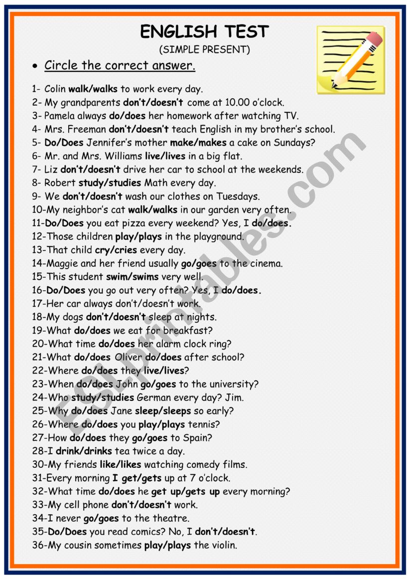 Simple present test worksheet