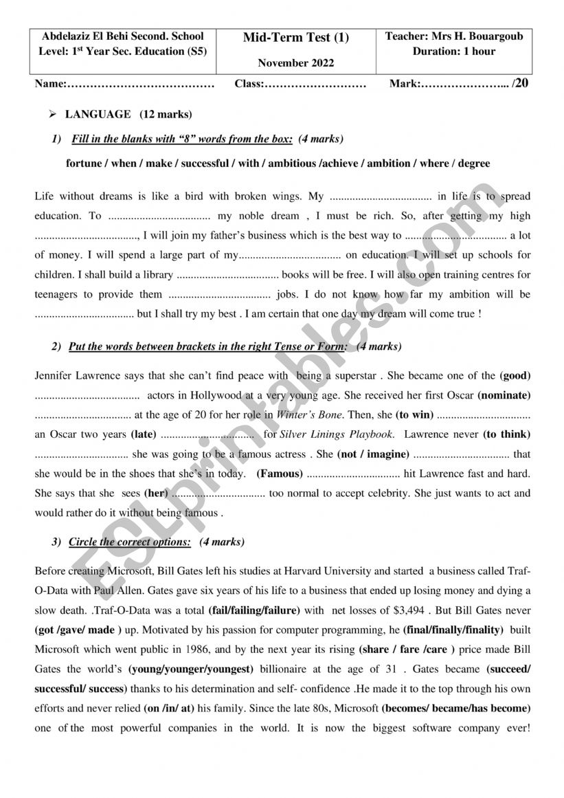 English Test Term1 1st Form secondary education