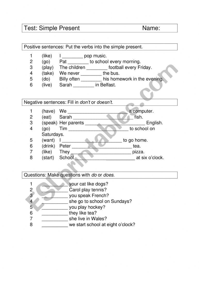 Present Simple Test worksheet