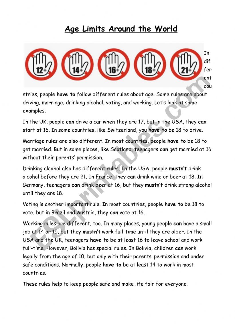Age limits around the world - Modal verbs (can - have to - dont have to - mustnt)