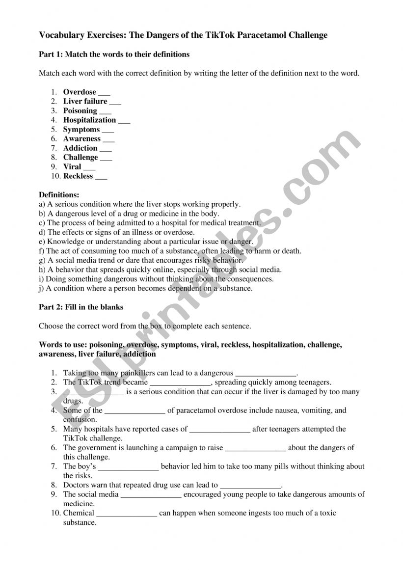 The Dangers of the TikTok Paracetamol Challenge: Vocabulary Exercises.
