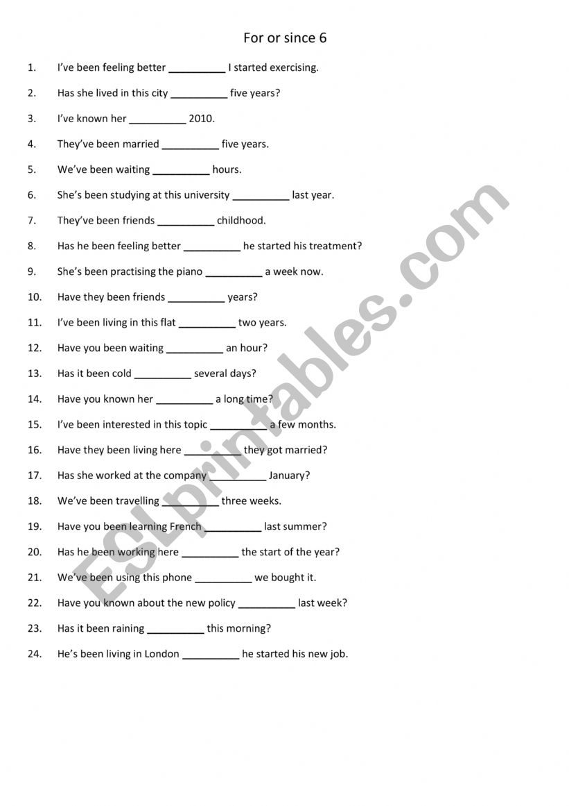 For or since 6 worksheet