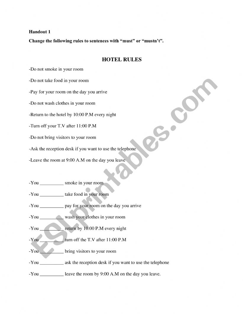 Must/Mustn�t worksheet