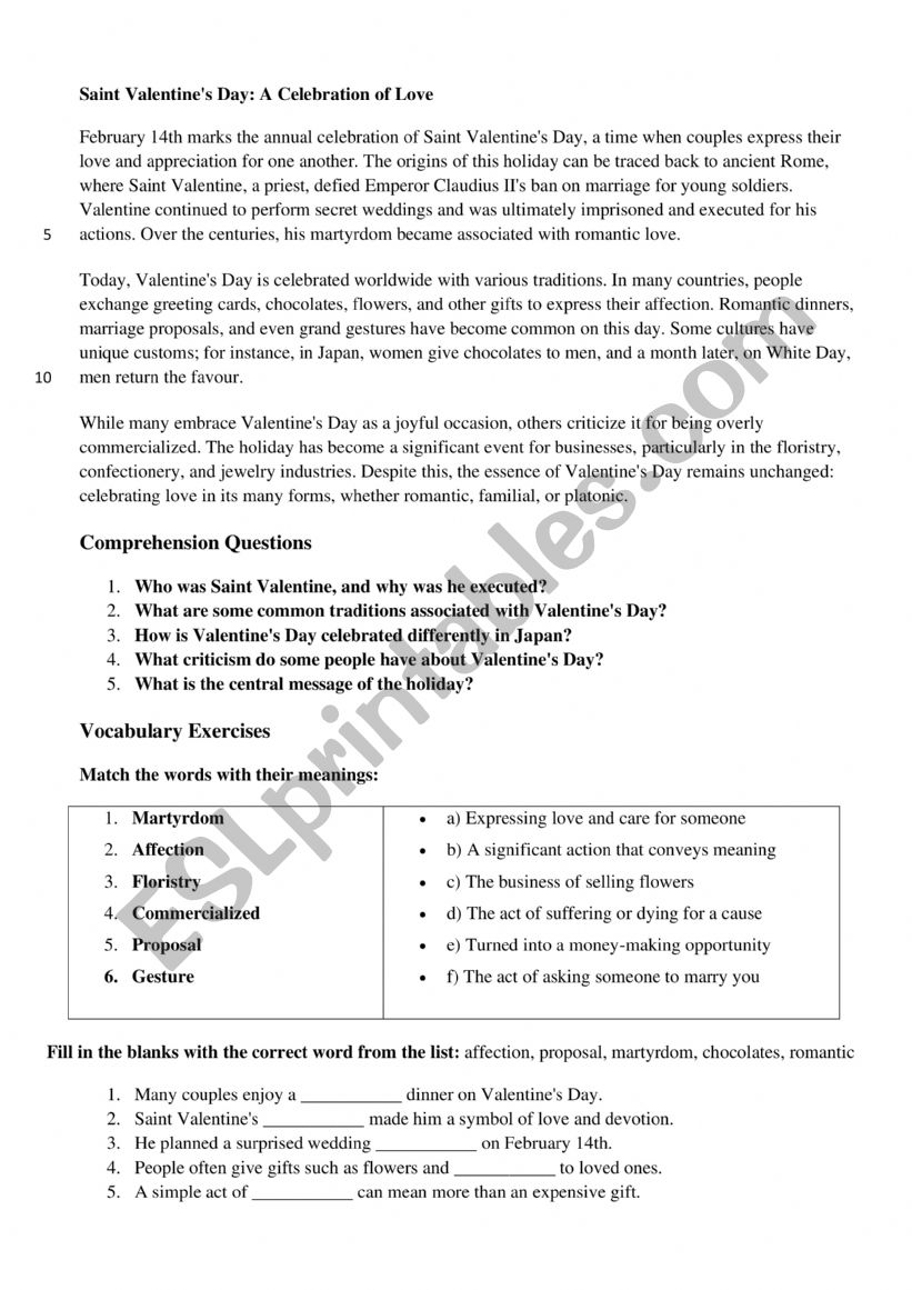 Why do we celebrate Saint Valentine�s Day? A reading comprehension with vocabulary exercises. 