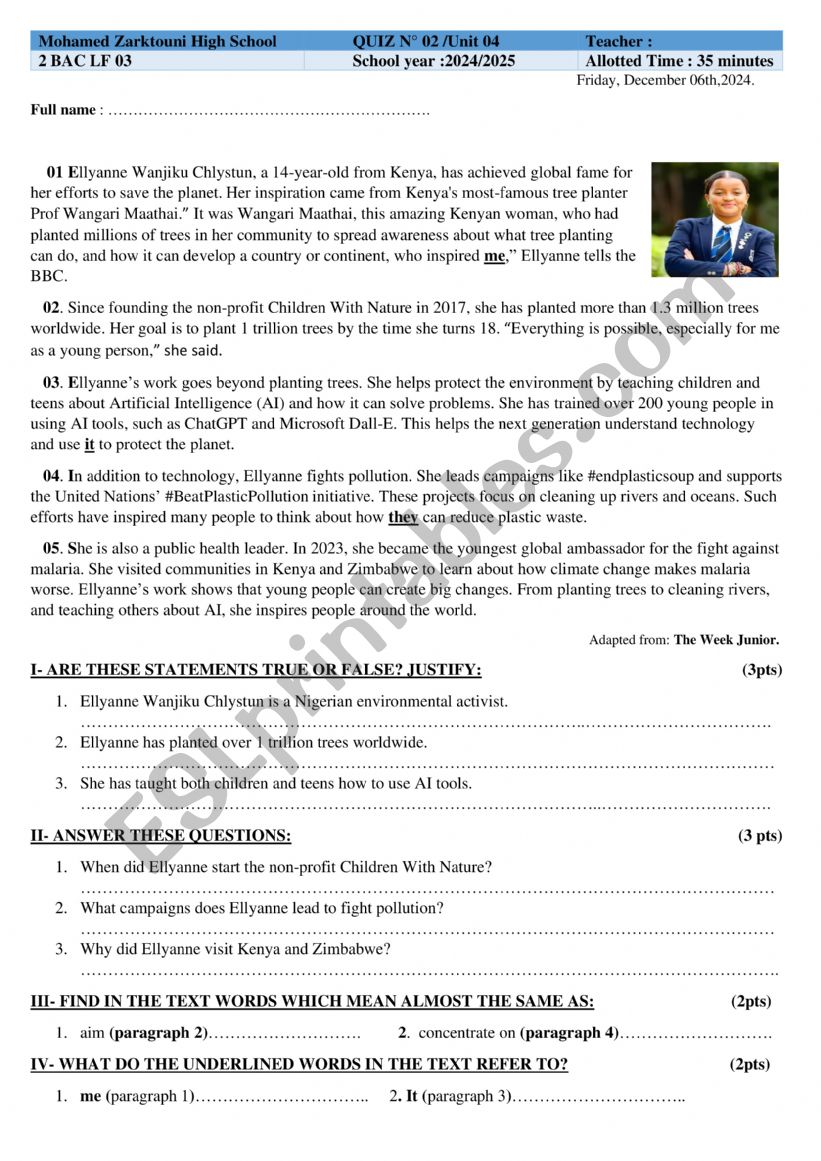 A READING QUIZ worksheet