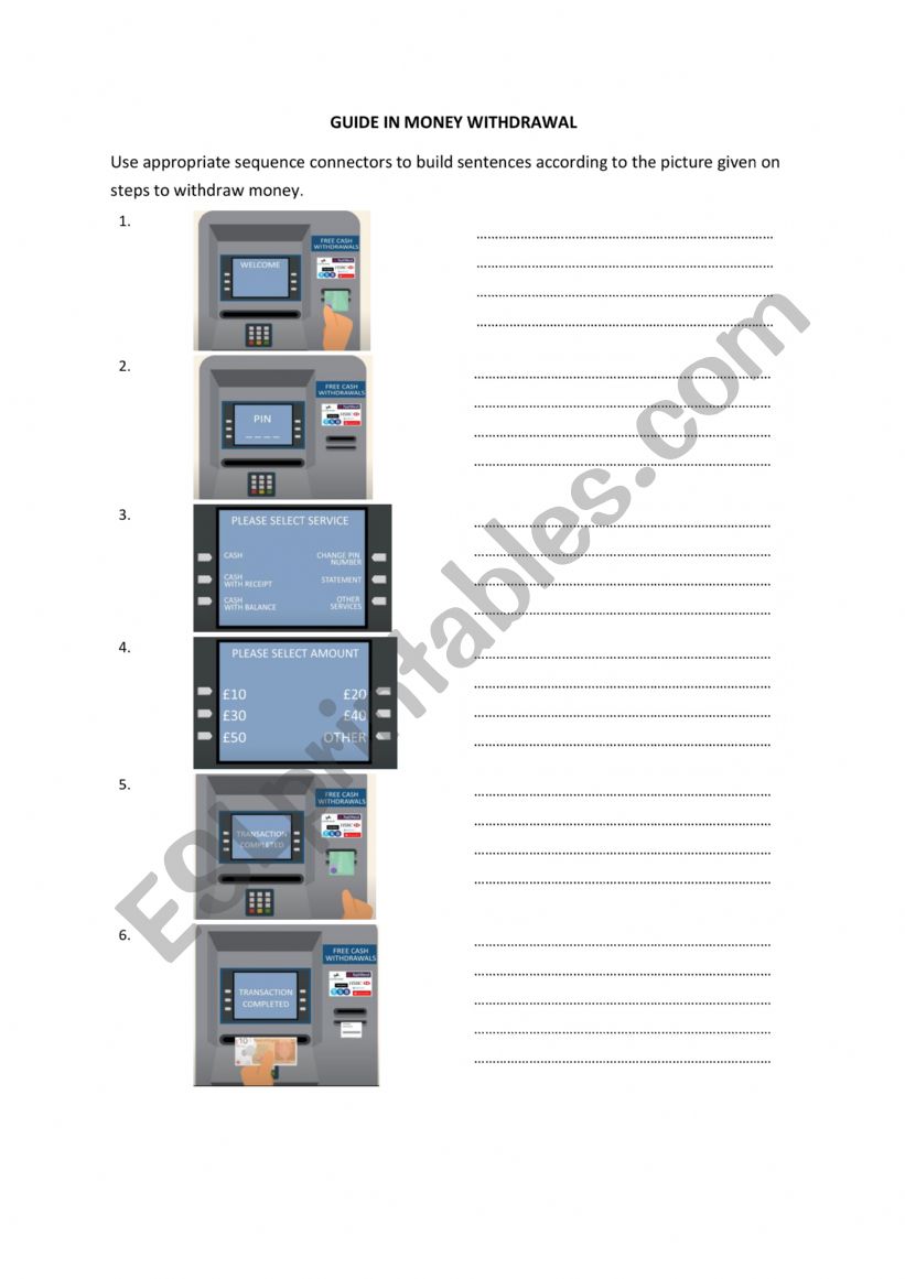Steps in money withdrawal worksheet