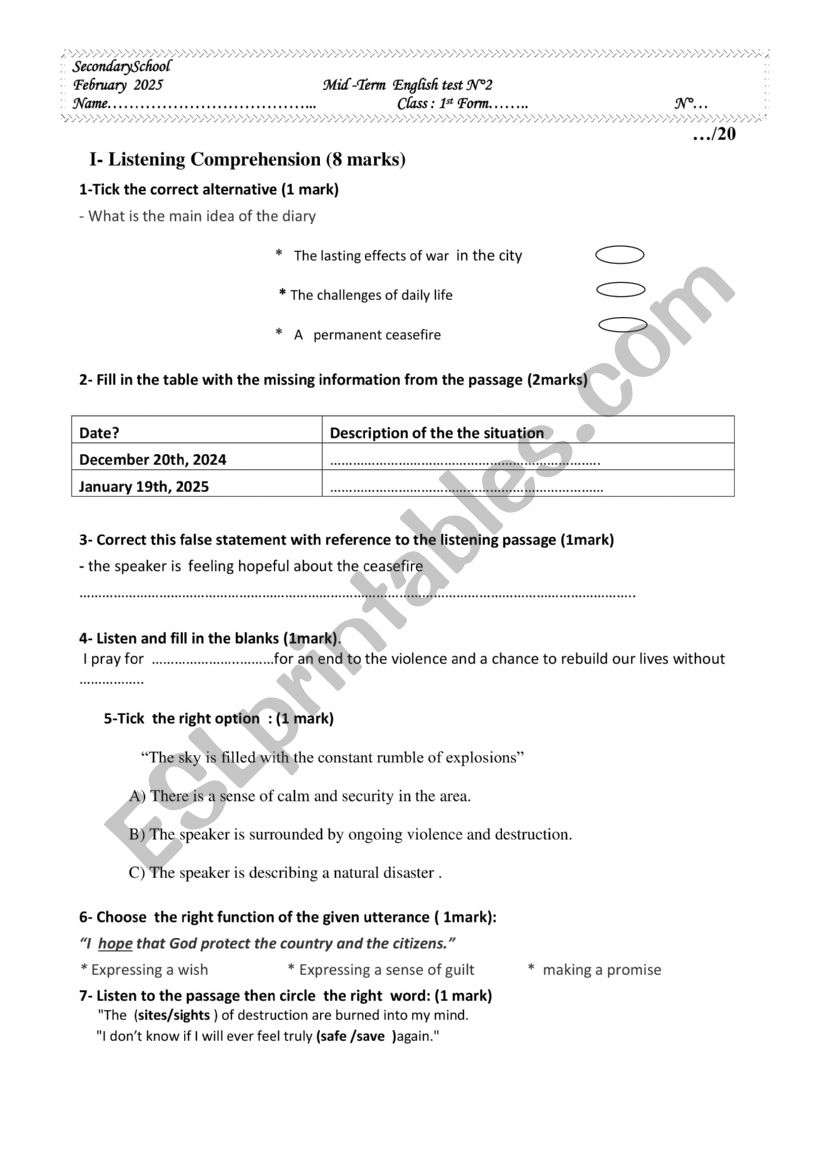 1st form mid term test n2 worksheet