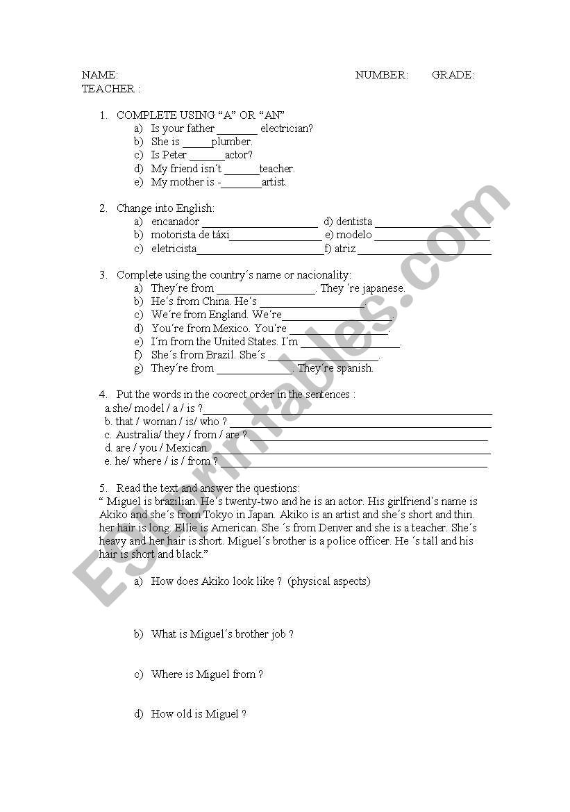 jobs test worksheet