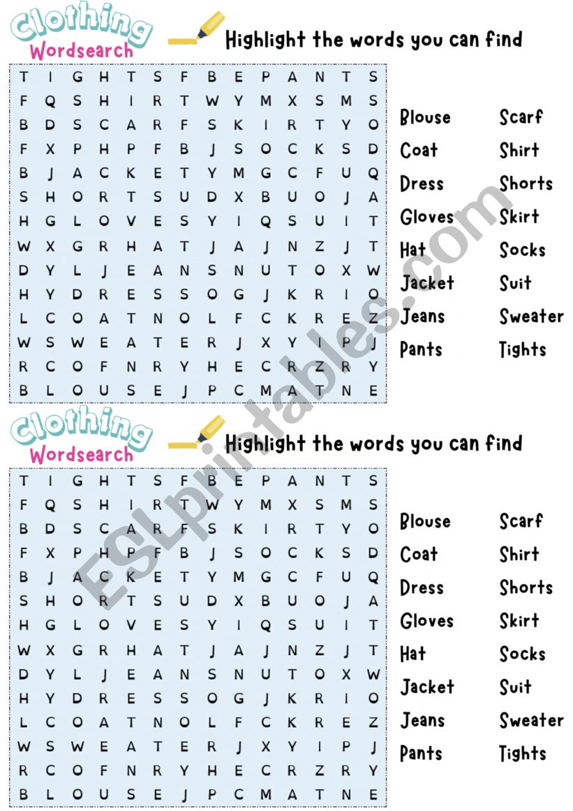 Clothes - Wordsearch worksheet