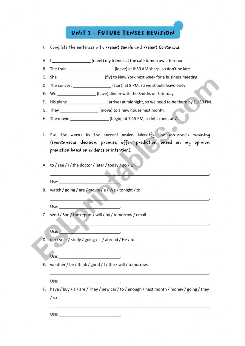 Future Tenses - Revision worksheet