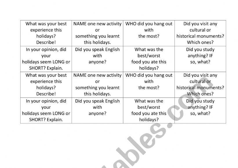 After holiday game worksheet