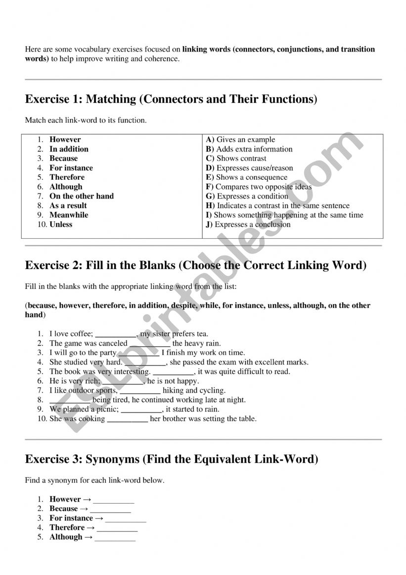 vocabulary exercises focusing on linking words 