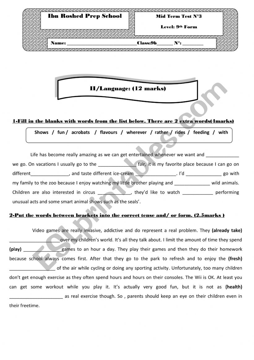 mid term test3 worksheet