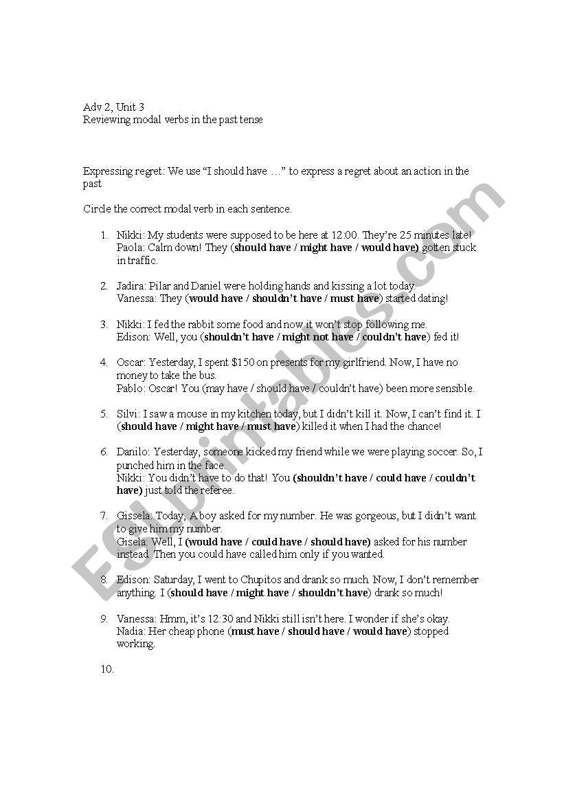 Mixed Past Modals worksheet
