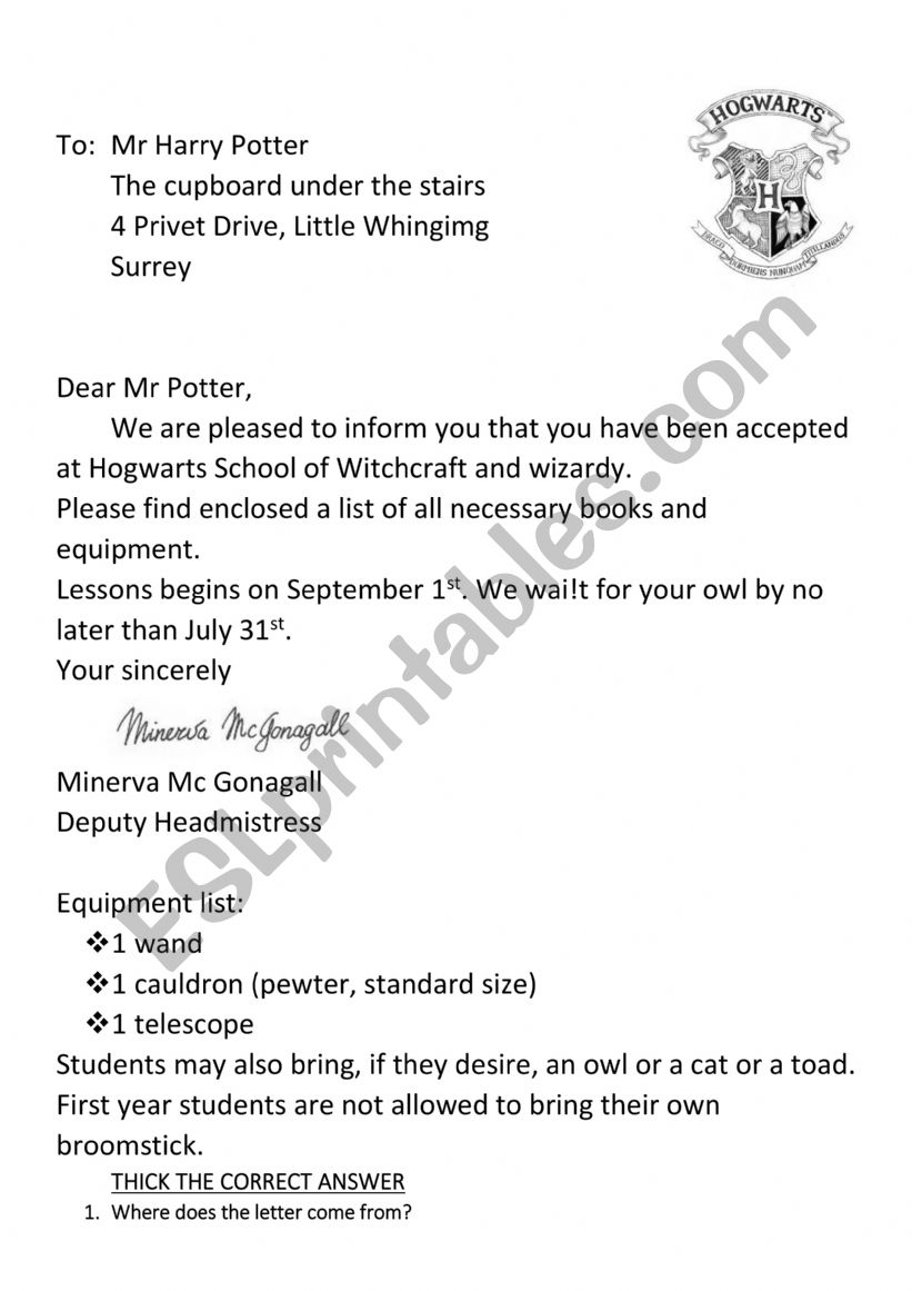 Hogwarts letter reading comprehension