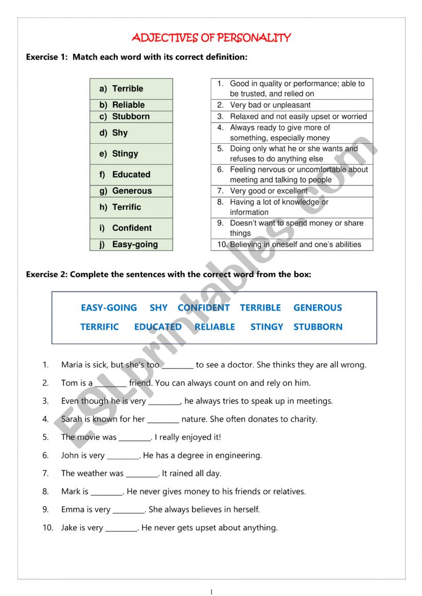 Adjectives of personality worksheet