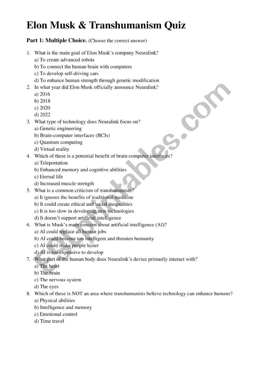 Elon Musk & Transhumanism (Neuralink) Quiz