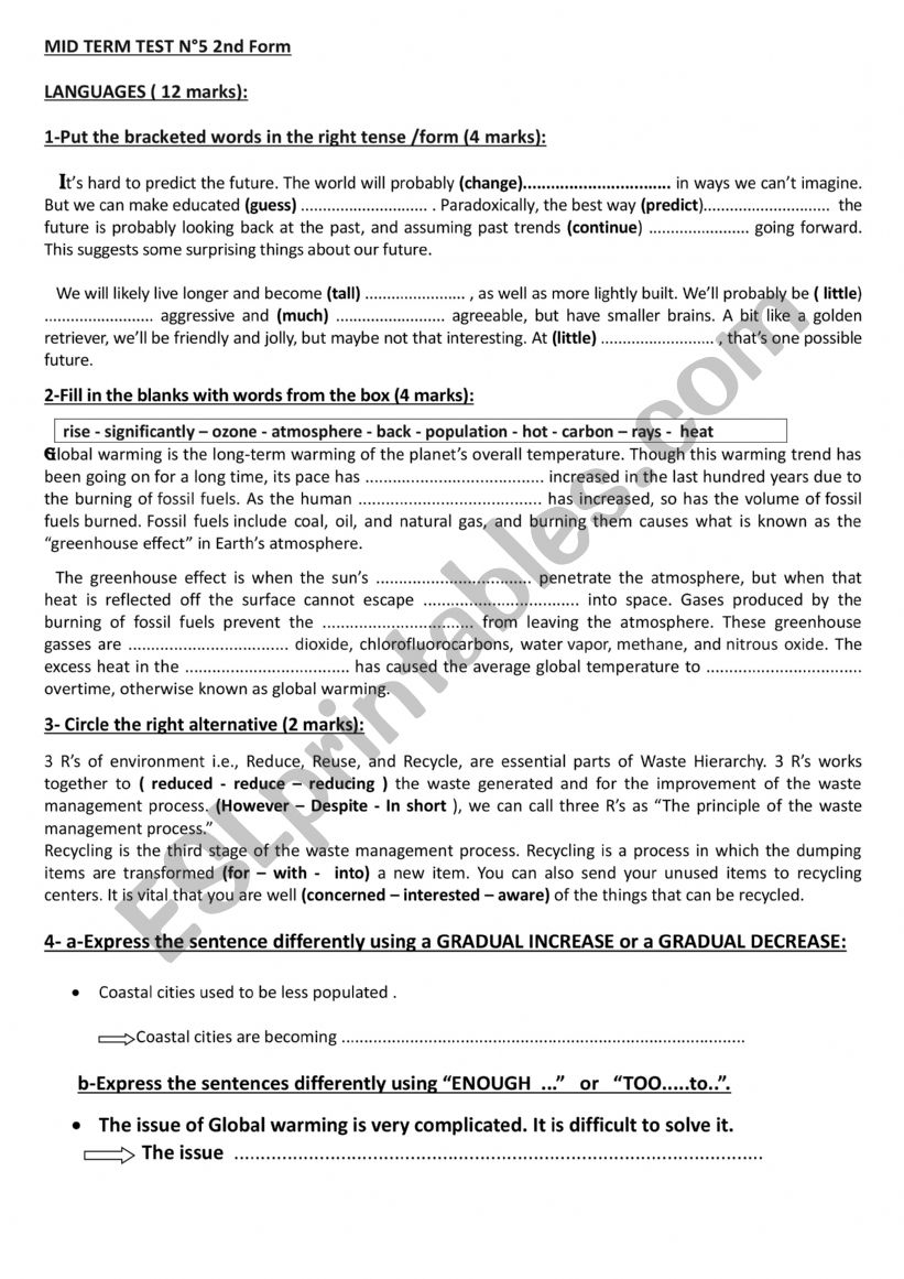 Mid term test N5 worksheet