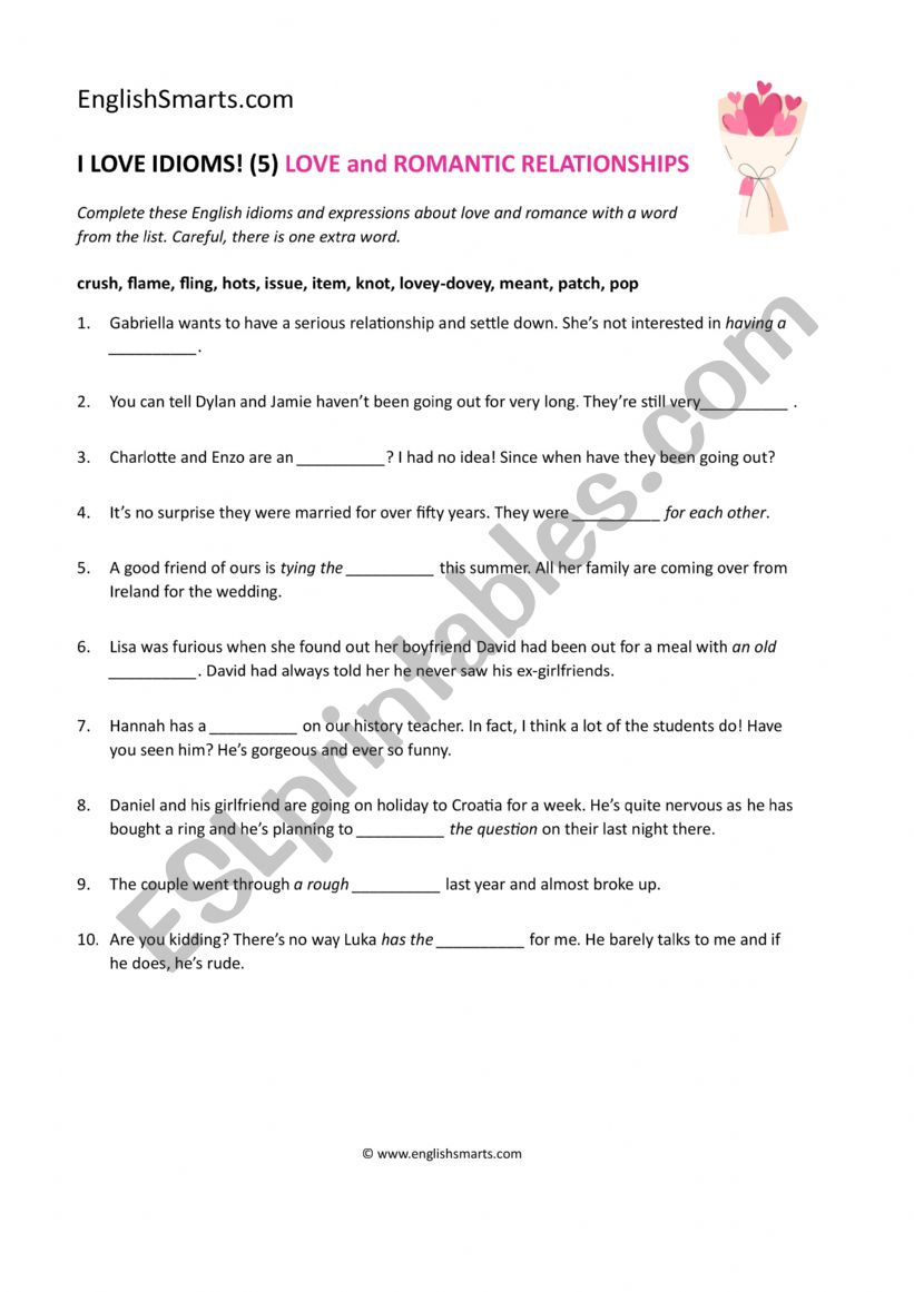 I Love Idioms! Love and Romantic Relationships Worksheet and Conversation Questions