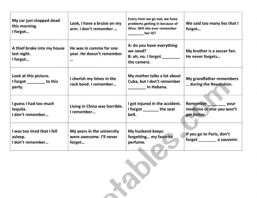 Forget and remember worksheet