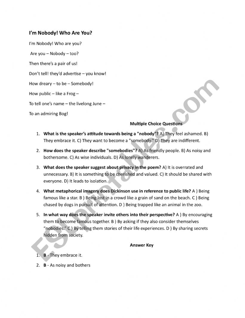 Poem:Im Nobody! Who Are You? worksheet