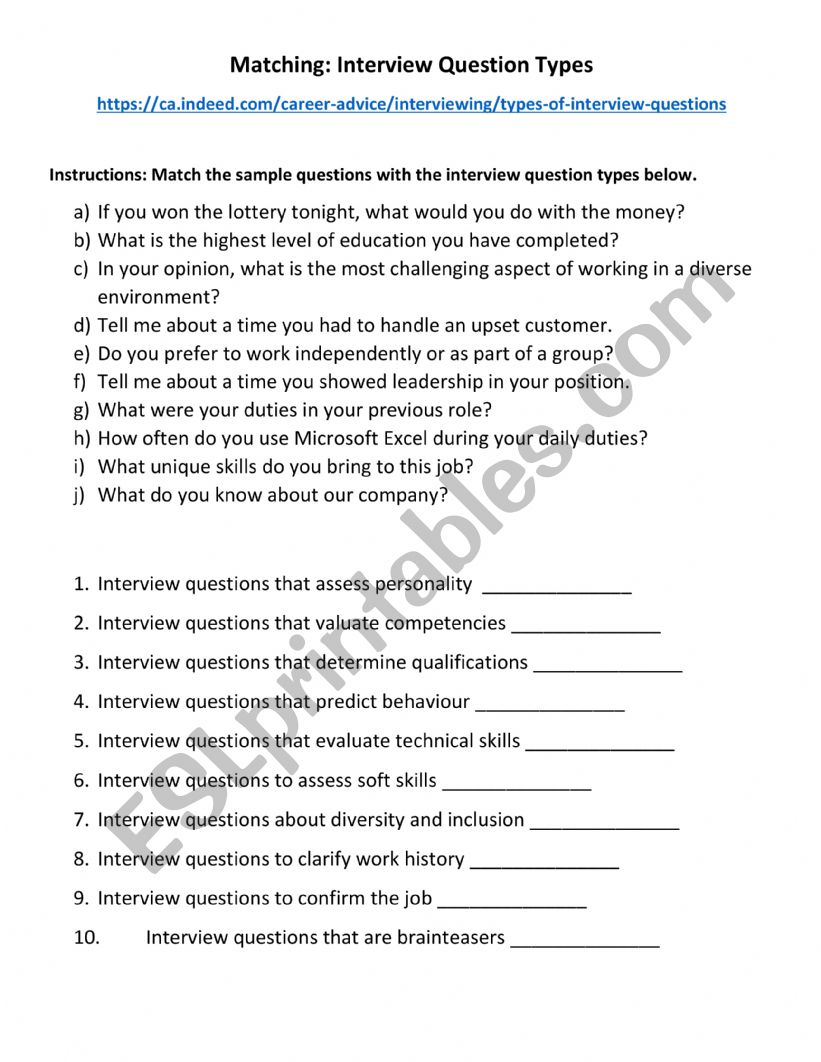Types of Interview Questions worksheet