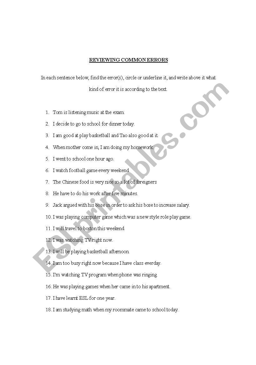 Reviewing Common Errors worksheet