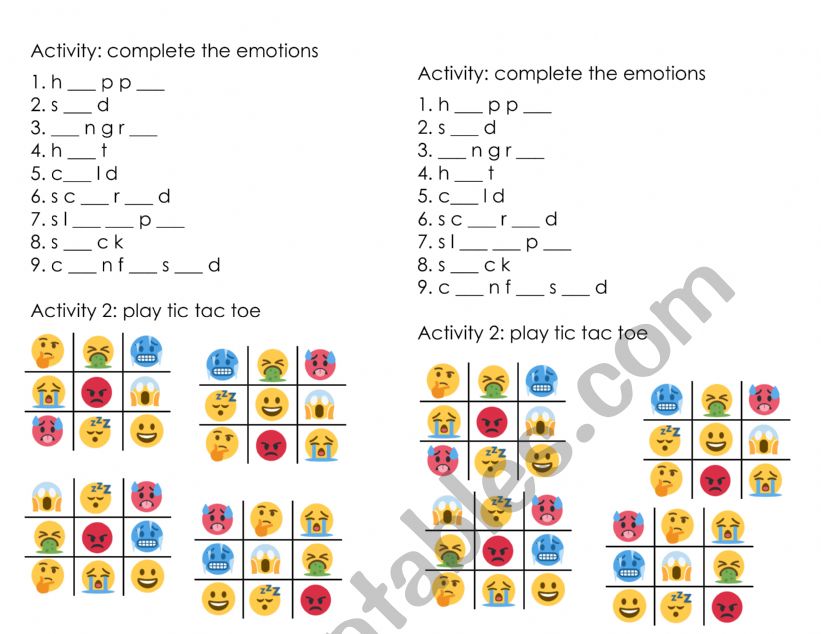 Feelings tic tac toe worksheet