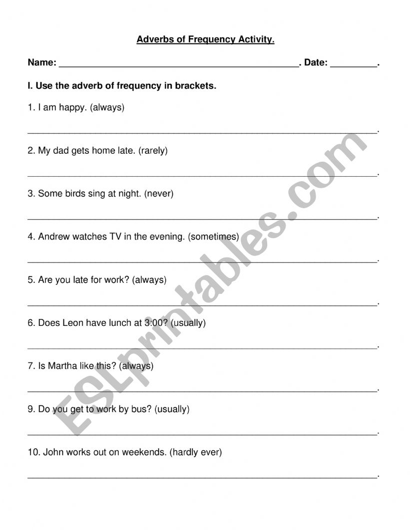 Adverbs of Frquency worksheet