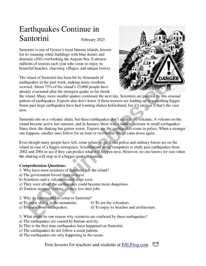 Earthquakes Continue in Santorini - Reading Lesson