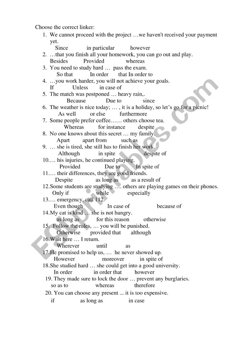Linking words worksheet