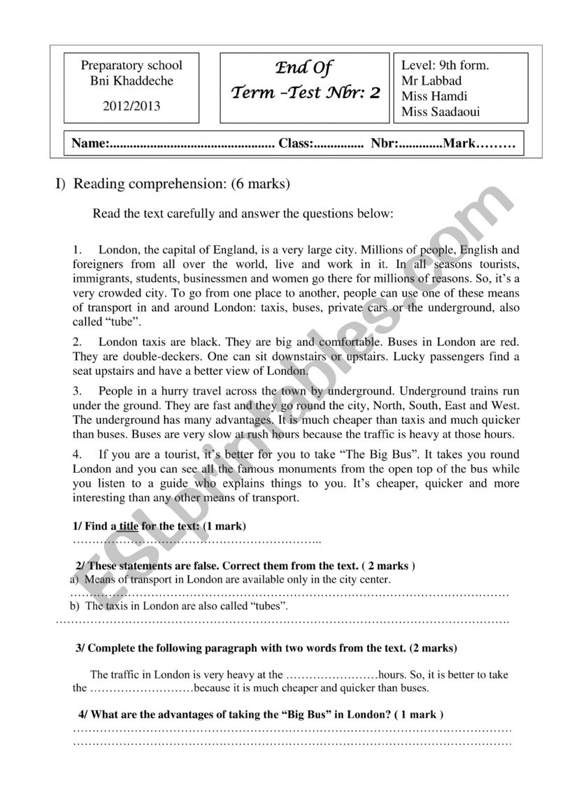 9th form end of term test 2 worksheet