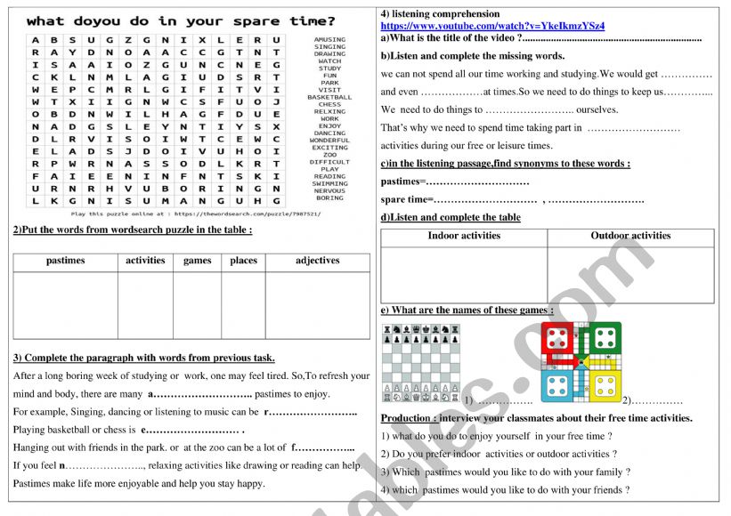 spare time worksheet