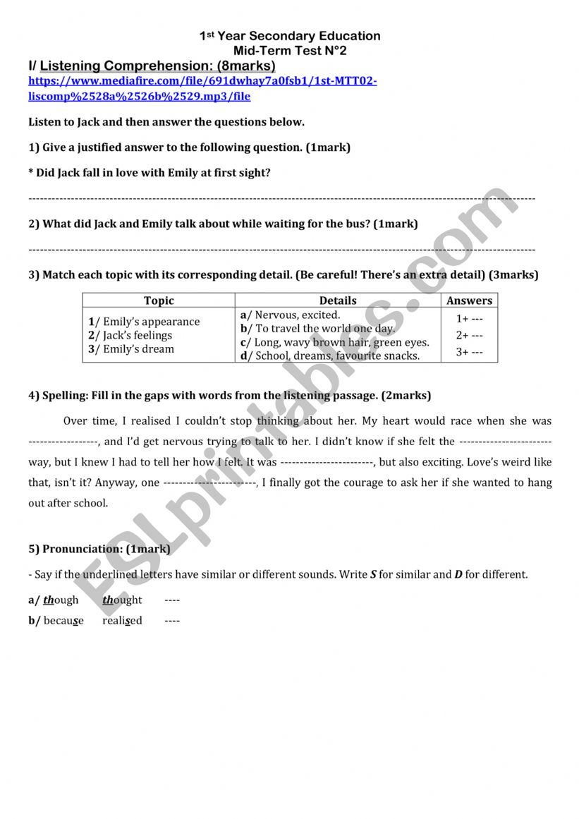 1st YSE: Mid-Term test 2 (A) worksheet