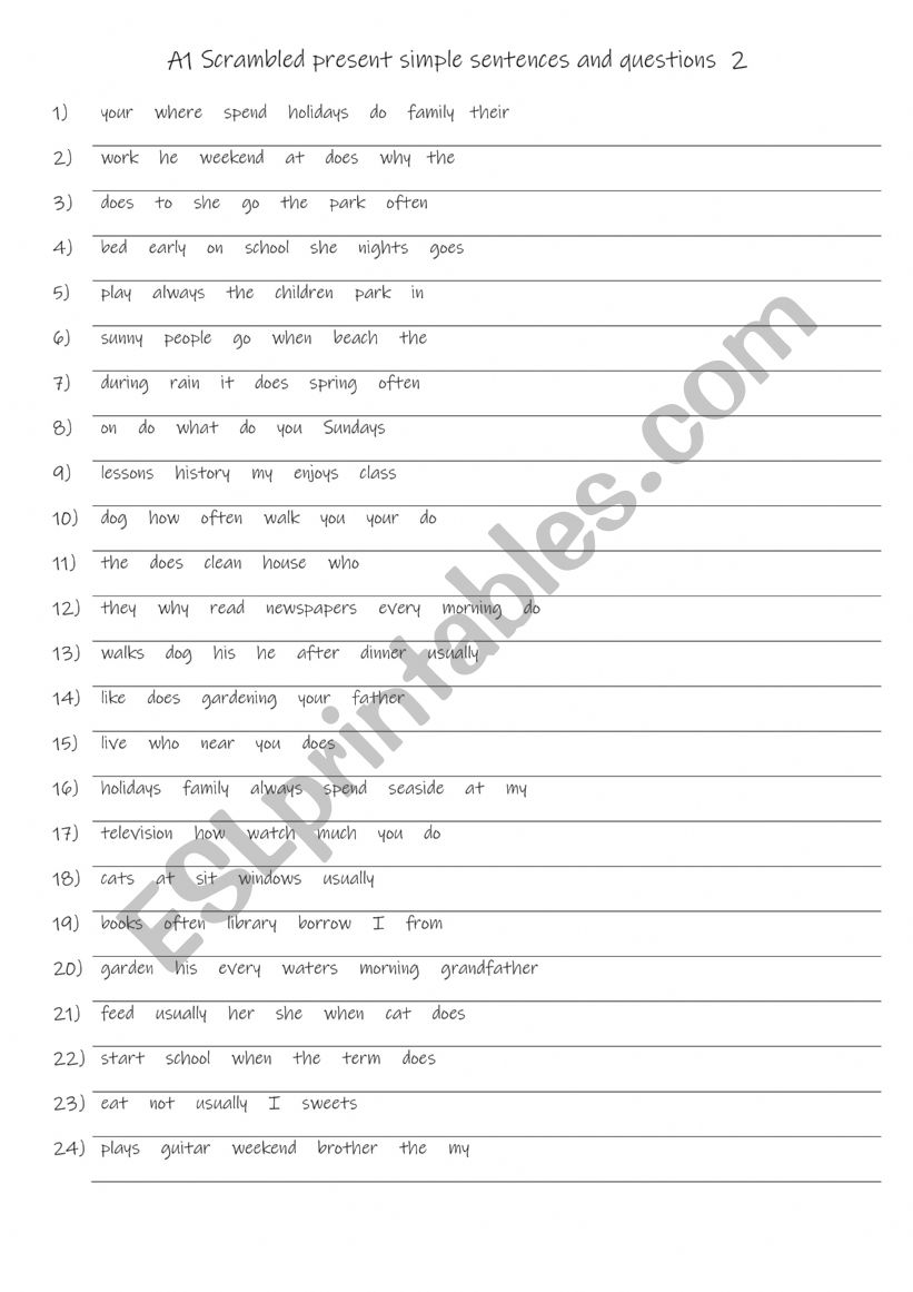 A1 Scrambled present simple sentences and questions  2