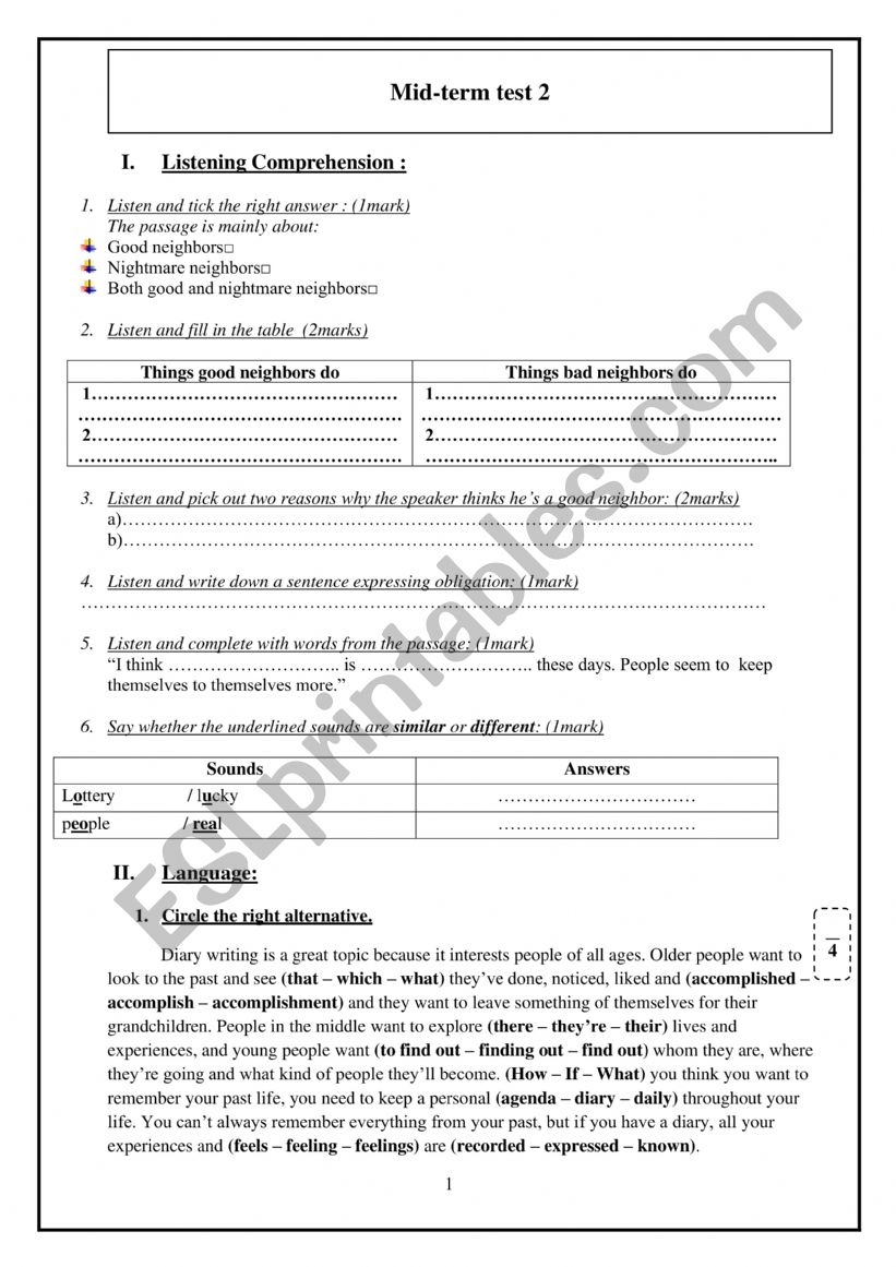 mid-term test 2 1st form worksheet