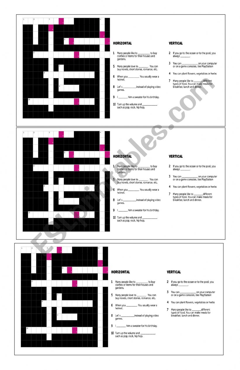 Leisure time crossword worksheet