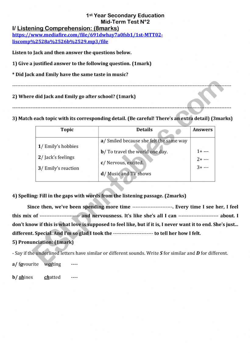 1st YSE: Mid-Term Test 2 (B) worksheet